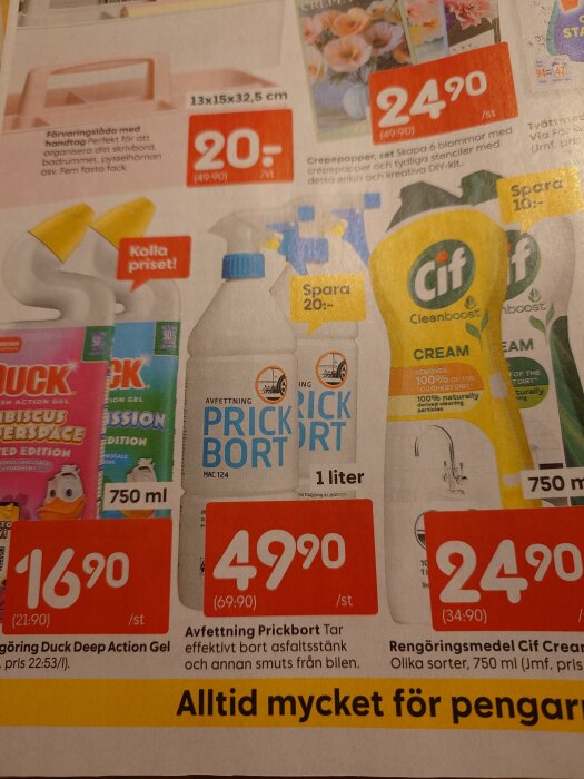 Broschyrbild med Prickbort avfettningsmedel på Rusta för 49,90 kr. Andra rengöringsprodukter syns också, såsom Cif och Duck Gel.