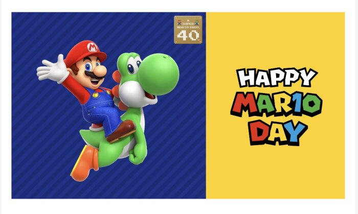 Tecknad karaktär rider på en grön dinosaurie med texten "Happy Mario Day" på en gul bakgrund.