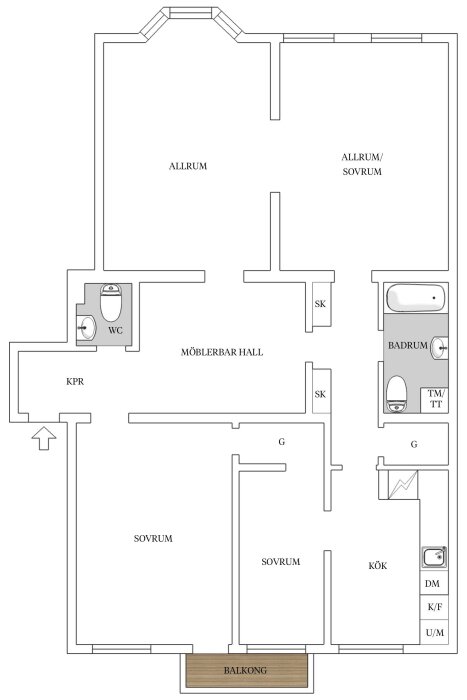 Planritning av en lägenhet med allrum, två sovrum, kök, badrum, WC och balkong. Diskussion om att dela rum för barnens sovplatser.