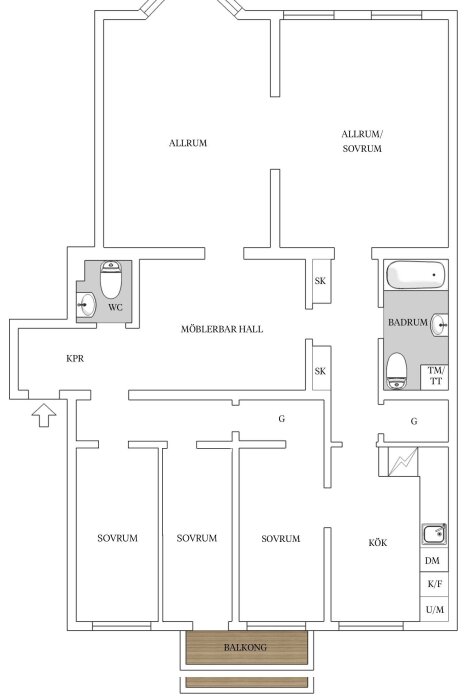 Planritning över en lägenhet med allrum, möblerbar hall, tre sovrum, kök, badrum, WC och balkong.