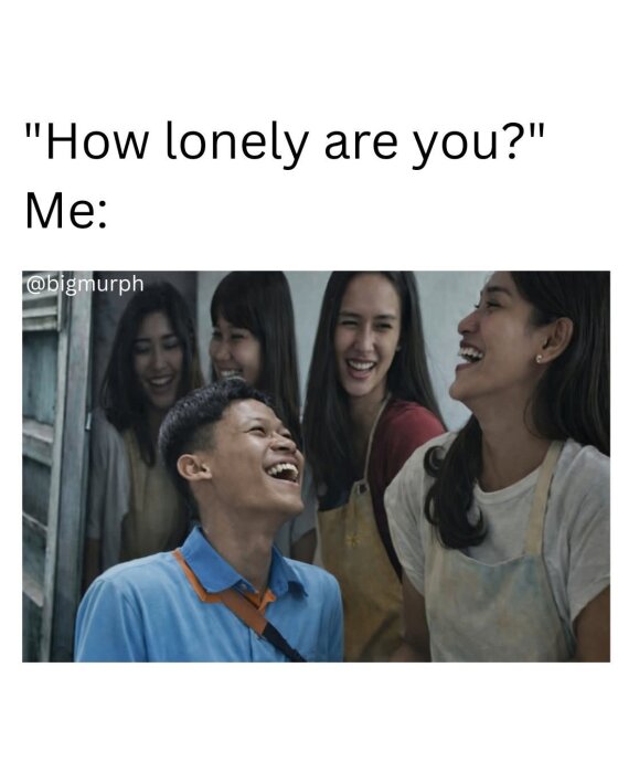 Grupp av människor som skrattar tillsammans i en avslappnad miljö med texten "How lonely are you?" överst.