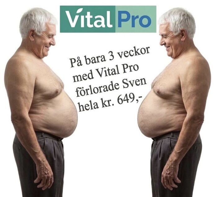 Äldre man ser på sig själv i spegeln, text om Vital Pro och kostnad på 649 kr, med logotyp.