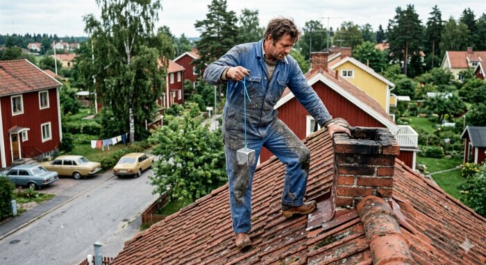 Man i blå overall arbetar på taket vid skorsten i villakvarter.