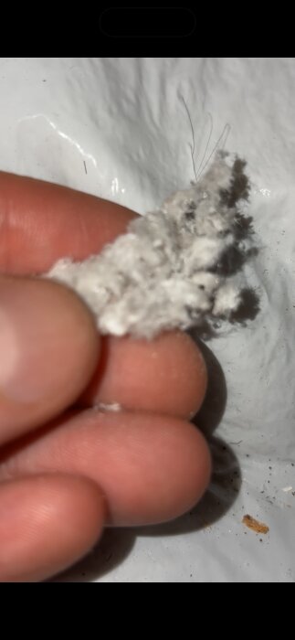 Närbild av fingrar som håller i ett vitt, pulveraktigt material som verkar ha använts vid röranslutning vid hemrenovering.
