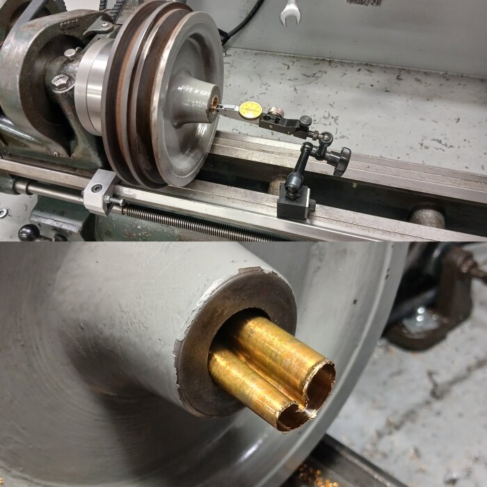 Svarvprocess med ett precisionsverktyg, guldbussning pressad i mekanisk axel. Maskinen används för att fixa kopplingen på en kipphyvel.