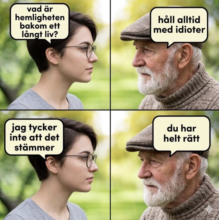 Ung kvinna och äldre man i konversation, båda i profil. Kvinna ifrågasätter hemlighet bakom långt liv, mannen svarar med humoristisk replik.