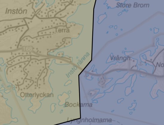 Karta som visar nätbolagsgränser genom bebyggda områden nära Instön och Bockarna, Göteborg och Mölndal.