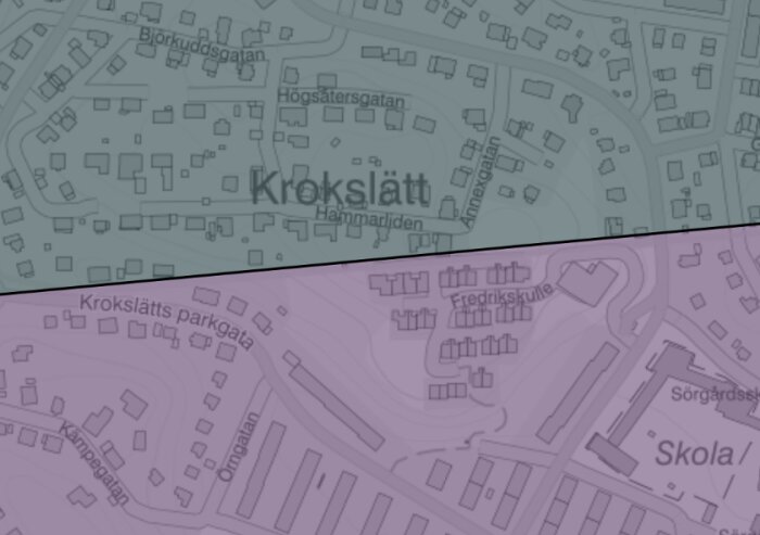 Karta som visar gränsdelning mellan två områden i Göteborg, med gator som Krokslätts Parkgata och Omgatan markerade.