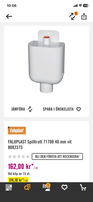 Vit spilltratt från Faluplast, modell 71700, 40 mm, visas med röd kork. Perfekt för att ansluta tvättmaskin med eget vattenlås.