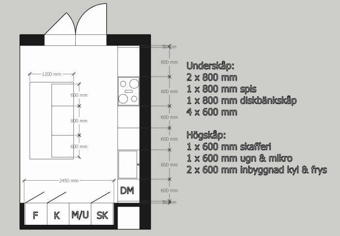 Köksritning med mått: underskåp och högskåp med specifika dimensioner för skafferi, ugn, mikro, kyl och frys.