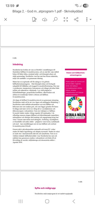 En PDF-sida med text om Stockholms hållbara livsmedelssystem och en grafik om globala mål för hållbar utveckling.