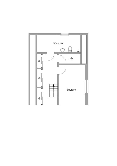 Planritning övre plan: visar nuvarande layout med badrum, klädkammare, sovrum och trapp.