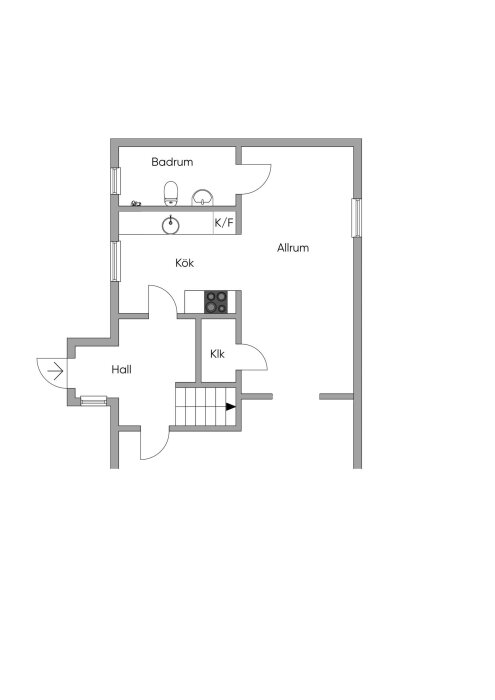 Planlösning för entréplan med hall, kök, badrum, klädkammare och allrum.