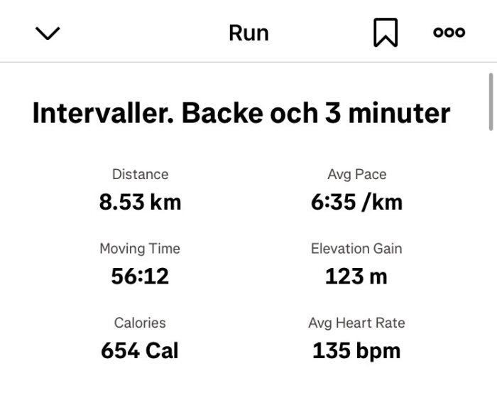 Löppassdata: 8,53 km distans, 6:35 min/km, 56:12 min tid, 123 m stigning, 654 kalorier, 135 bpm puls, fokus: intervaller.