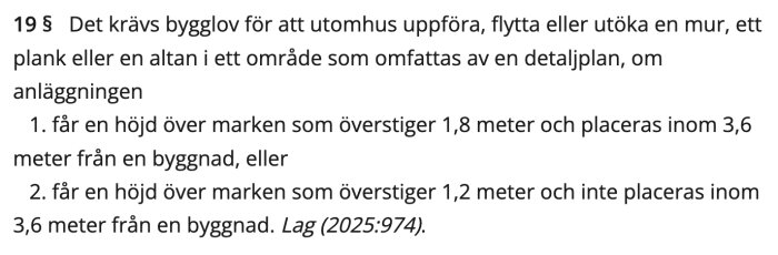 Text som beskriver bygglovskrav för mur, plank och altan enligt svensk lag 2025:974.