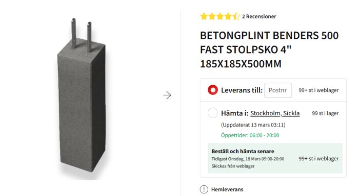 Betongplint Benders 500 med fast stolpsko, grå rektangulär blockform, dimensioner 185x185x500 mm, produktbeskrivning för byggprojekt.