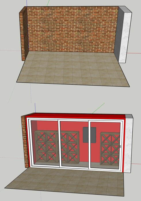 3D-ritning av källarutrymme med tegelvägg och klinkergolv, planerad att bli en vinvägg med skjutdörr och trädetaljer.