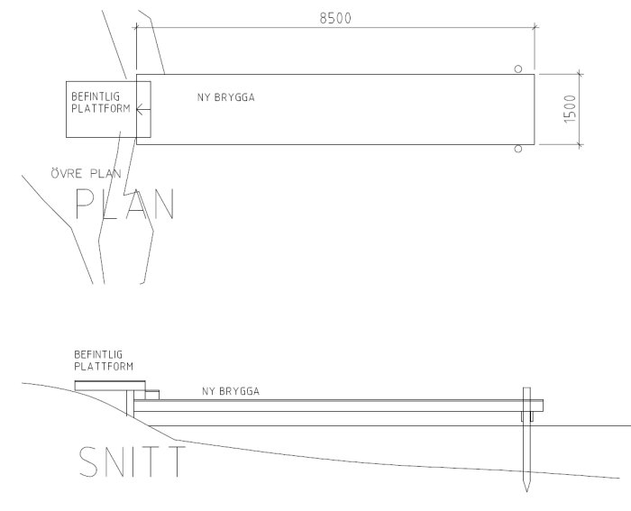 Ritning av ny brygga och befintlig plattform i plan- och snittvy, med måttangivelser 8500 x 1500 mm.
