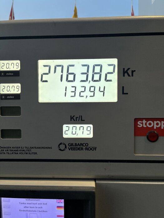 Dispenser för drivmedel visar 132,94 liter, kostnad 2763,82 kr, och pris per liter 20,79 kr.