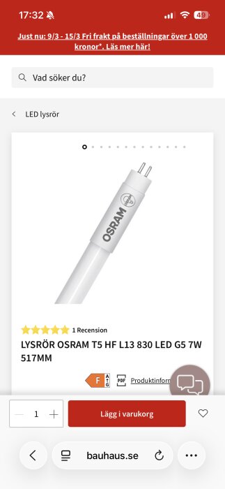 Bild av ett LED-lysrör från Osram med beteckningen T5 HF L13 830 LED G5 7W och en längd på 517 mm, visas på en webbshop.