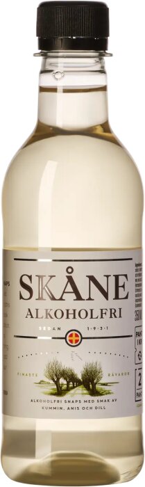 Flaska med etiketten "Skåne Alkoholfri", beskriven som alkoholfri snaps med smak av kummin, anis och dill.