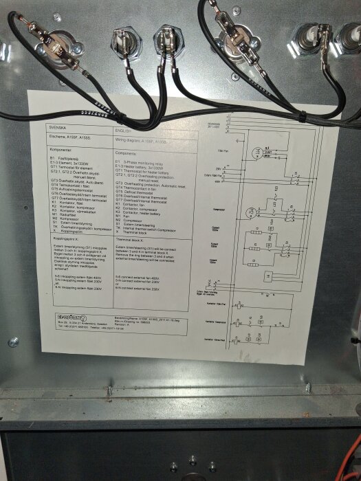 Elbjörn-kopplingsschema med elektriska anslutningar och komponentlista på svenska och engelska för A155F/A155S.