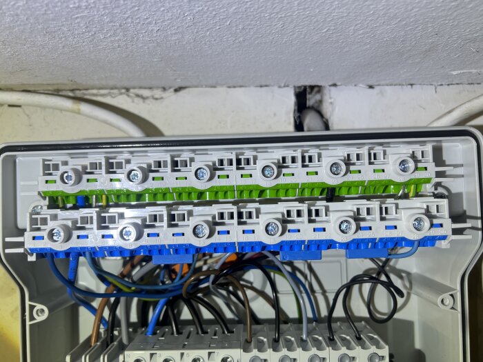 Bild av en nyinstallerad kapslad normcentral med synliga kopplingsskenor och kablage, monterad i en ladugård för ökad elsäkerhet.