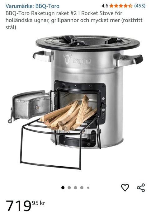 BBQ-Toro Rocket Stove i rostfritt stål, med öppen lucka och ved inuti. Används för matlagning, pris 719,95 kr.