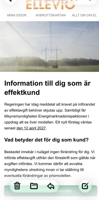 Elbolagswebbsida med information om fördröjningen i effektavgiftsinförandet och en bild av kraftledningar. Text om regeringens beslut och kundpåverkan.