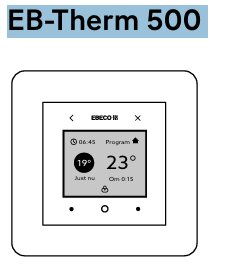 Digital termostat från Ebeco, modell EB-Therm 500, med aktuell och programmerad temperatur på displayen.