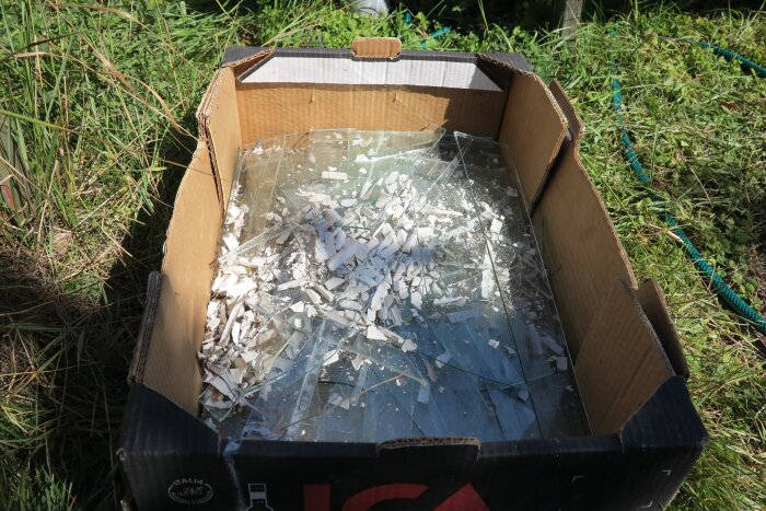 Trasiga glasbitar och spillmaterial i en kartong, redo att användas för att reparera ett växthus med varierande storlekar på glasen.