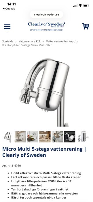 Vattenfilter för kran, Micro Multi 5-stegs reningssystem från Clearly of Sweden, designad för att minska kalk, humus, järn och mikroorganismer.