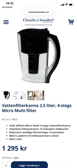 Vattenfilterkanna 2,5 liter med 4-stegs Micro Multi filter för att reducera föroreningar i kranvatten. Finns i lager för 1 295 kr.