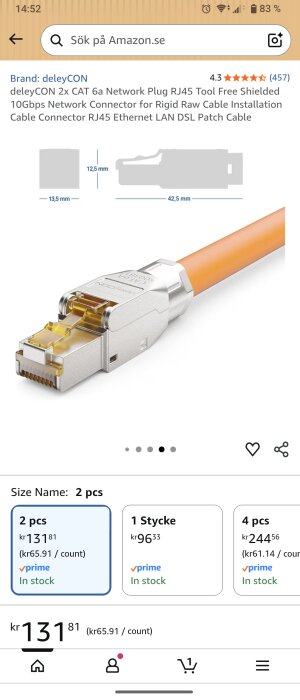 Verktygslös RJ45 CAT 6a kontakt från deleyCON med metallhölje och orange kabel, visas med måttangivelser.