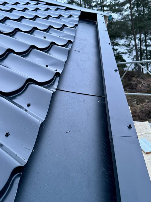 Svart tak med nylagd plåt och korrekt avvattning, del av ett byggprojekt med kvarvarande arbete med panelbitar, omgärdat av träd.
