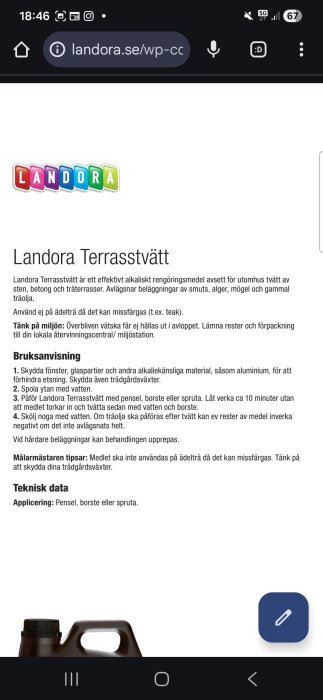 Skärmbild av Landora Terrasstvätt produktinformation, med bruksanvisning för användning utomhus på sten, betong och träytor.