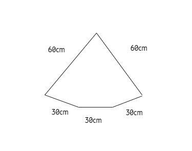 Skiss av trapetsformat utrymme med mått: höjd 70 cm, ovansida 30 cm och sidolängder 60 cm.