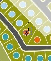 Karta över tomter med markerat vinkelhus som är placerat i annan riktning för att få kvällssol på baksidan.