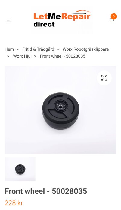 Framhjul för Worx robotgräsklippare, modellnummer 50028035, visas mot en vit bakgrund. Priset är 228 kr.