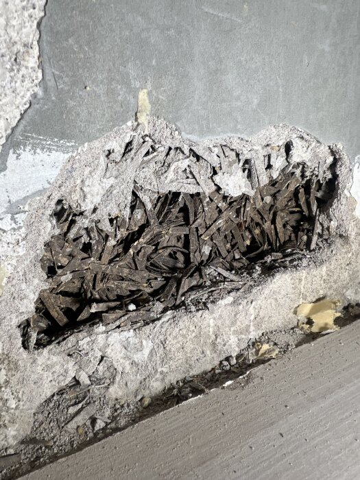 Hål i vägg med gammal fiberisolering synlig inuti, potentiellt sågspån, i en lägenhet under renovering i Stockholm.