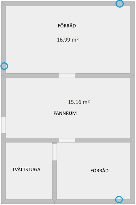 Planskiss över källarvåning med förråd, pannrum, tvättstuga och märkta ventilationspunkter. Markeringar visar befintliga luftventiler.