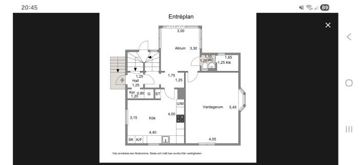 Planritning av entréplan med allrum, vardagsrum, kök, hall, WC och klädkammare. Innehåller även trappor, dörrar och måttangivelser.