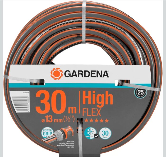 Trädgårdsslang Gardena High Flex, 30 meter, diameter 13 mm, med Power Grip-design och frost- och UV-skydd, märkning för stabila kopplingar.