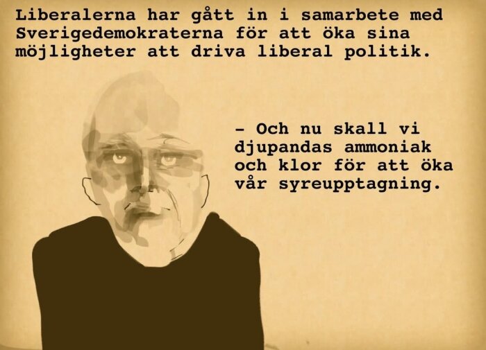 En svartvit tecknad bild av en person med text om Liberalerna och Sverigedemokraterna samt en ironisk kommentar om djupandning av ammoniak och klor.