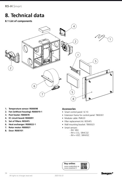 Sprängskiss över delar i Swegon R5-H Smart med numrerad lista över komponenter som fläkt, temperatursensor och värmeväxlare.