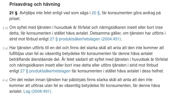 Text om konsumentens rätt till prisavdrag och hävning av avtal enligt konsumenttjänstlagen, inklusive villkor och hänvisningar till lagen.