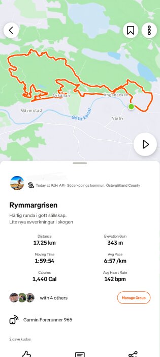 Karta över en löprunda i Söderköpings kommun, 17,25 km lång, med detaljer om tid, tempo och höjdskillnad. Rundan visas i rött.