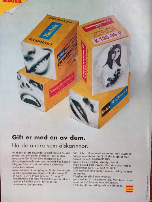 Tre Kodak-filmboxar med retrodesign, var och en dekorerad med äldre reklamillustrationer av leenden och en brud. Text på svenska i bakgrunden.