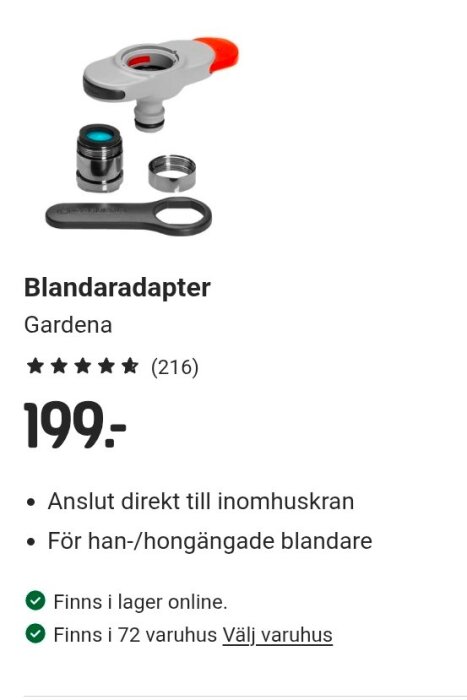 Gardena blandaradaptern, pris 199 kr, för han-/hongängade blandare. Inkluderar adapter och verktyg, klarar 22 och 24 mm.