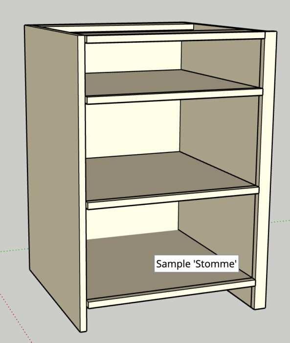 3D-modell av stomme för köksskåp i massivt trä med två hyllplan, infällda för dörrar, i klassisk stil.